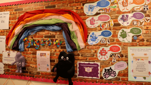 A wall filled with a mixture of artwork